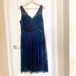 Adrianna Papell Navy Black Sequined Evening Dress